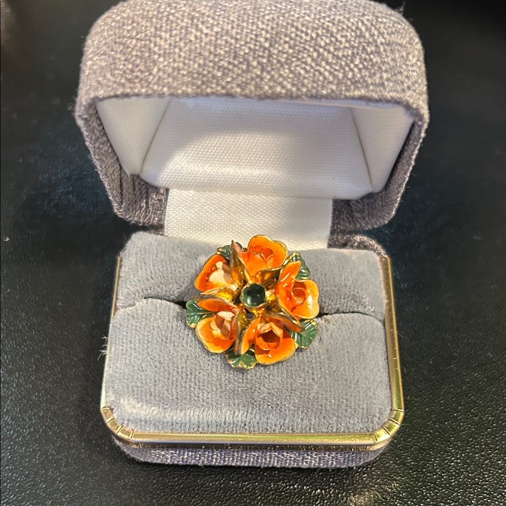 Vintage 1960s Orange Floral Enamel Gold Tone Ring  - adjustable; Made in Austria